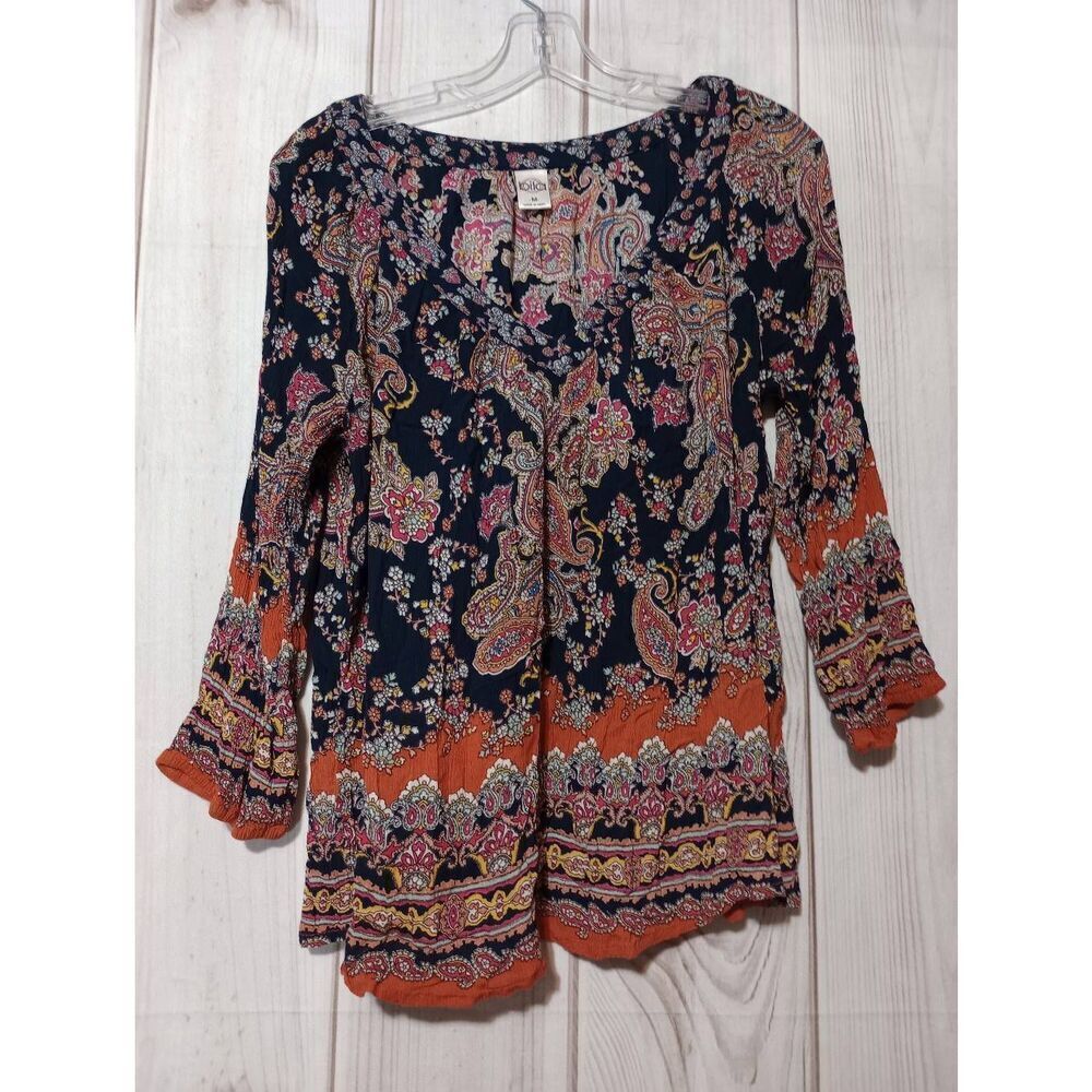 Bila Womens Boho Paisley Floral Print Rayon Blouse Navy Orange Size M